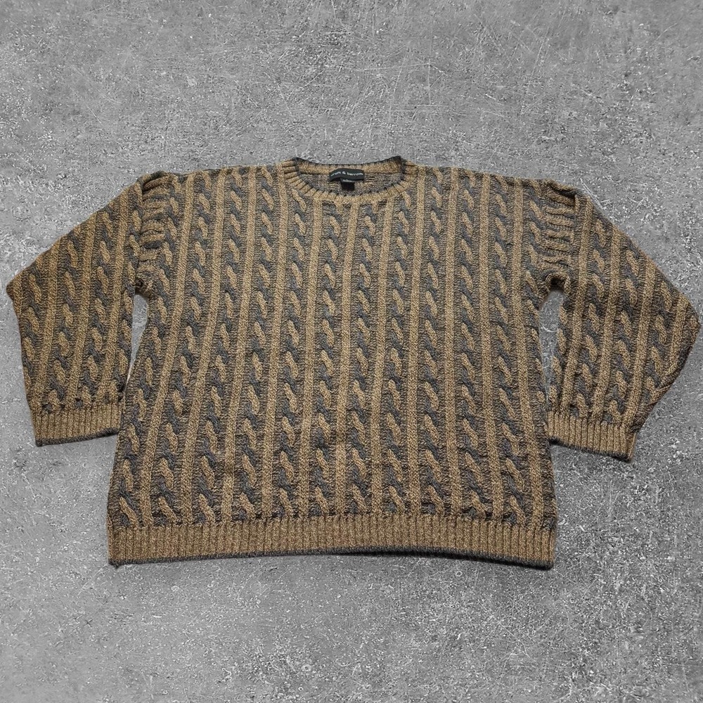 Croft & Barrow Mens L Cable Knit Sweater Gray Brown Cotton Blend Crewneck USA